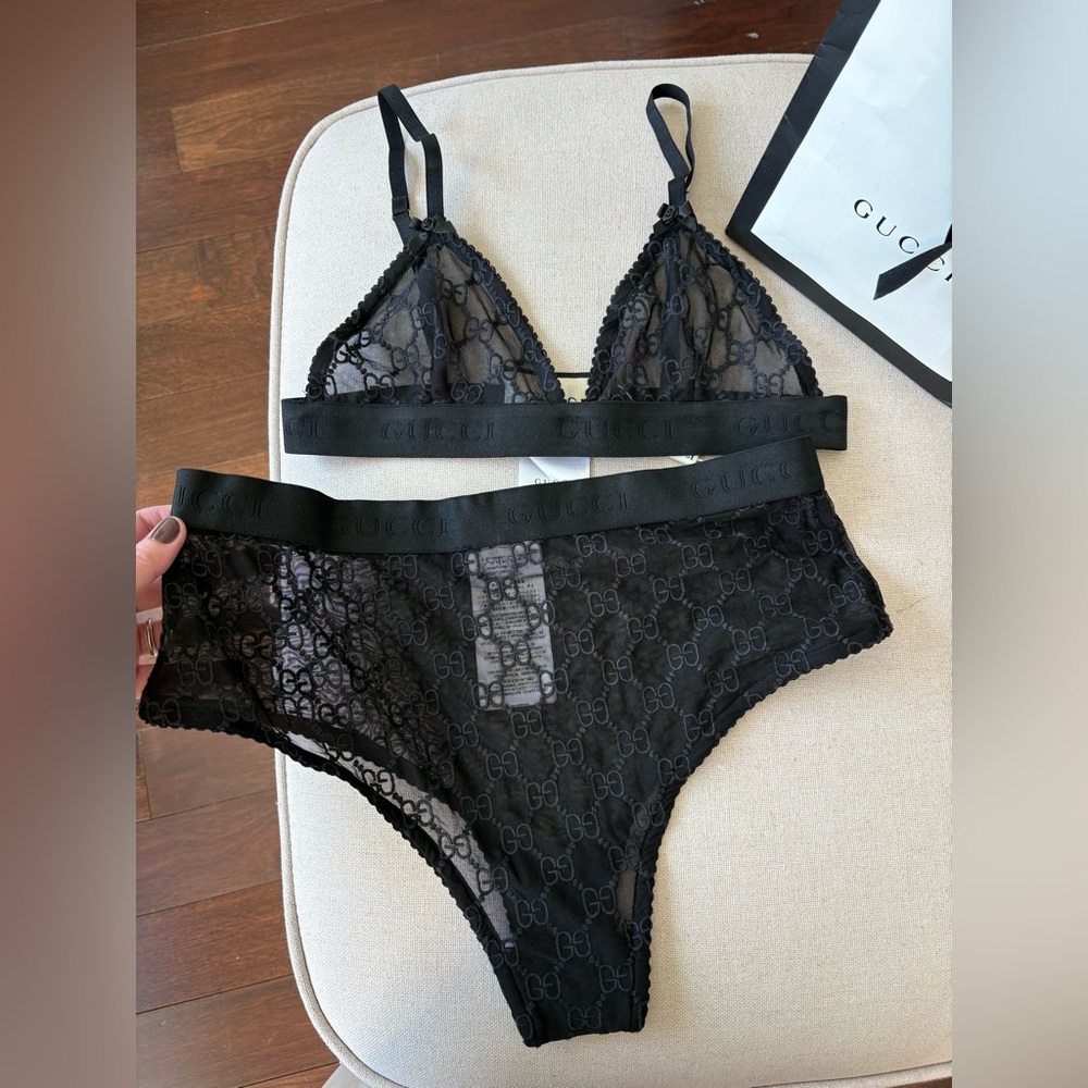 Gucci Black GG Embroidered Tulle Sheer Lingerie Set L New Condition Mesh Logo GG - Picture 8 of 16